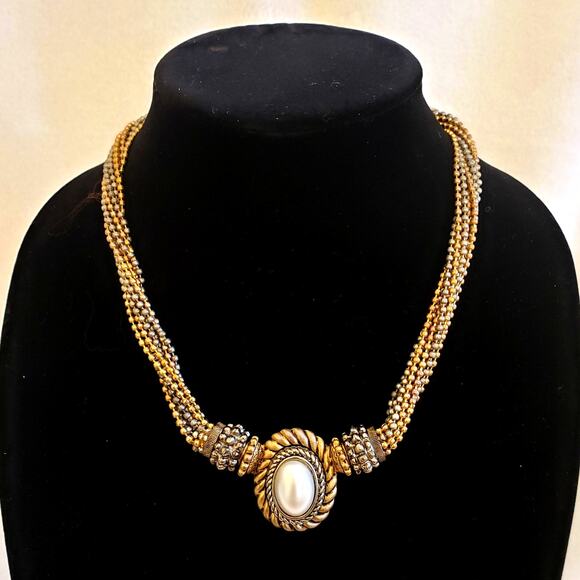 Vintage Multi-strand Black Silver Gold Colored Necklace Faux Pearl, Magnet Clasp - Picture 3 of 6